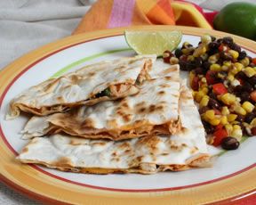 light chicken quesadillas with bean and corn salad Recipe