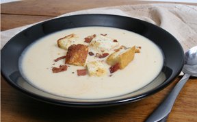 Creamy Potato Soup with Bacon Croutons